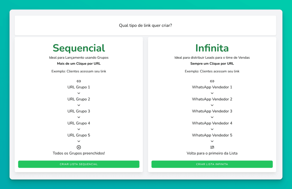 Interface de criação de link do Redir